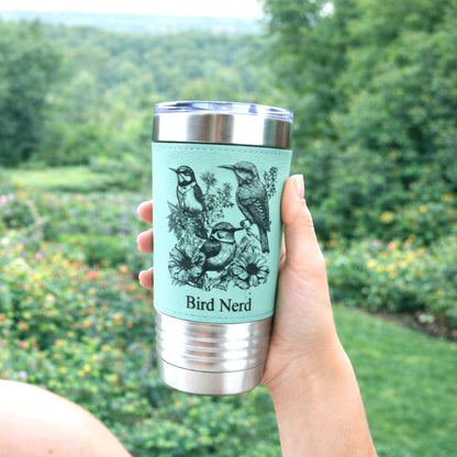 Beautiful Detailed Summer Birds Engraved on this Insulated Leatherette Wrapped Insulated Stainless Steel Coffee Travel Mug, Bird Lover Gift