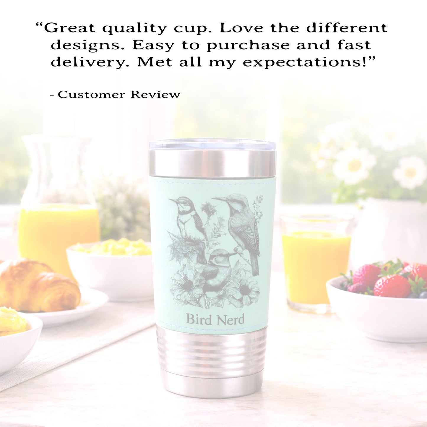 Beautiful Detailed Summer Birds Engraved on this Insulated Leatherette Wrapped Insulated Stainless Steel Coffee Travel Mug, Bird Lover Gift