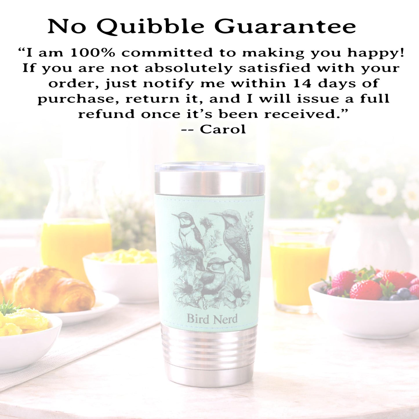 Beautiful Detailed Summer Birds Engraved on this Insulated Leatherette Wrapped Insulated Stainless Steel Coffee Travel Mug, Bird Lover Gift
