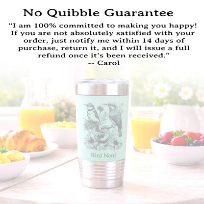 Beautiful Detailed Summer Birds Engraved on this Insulated Leatherette Wrapped Insulated Stainless Steel Coffee Travel Mug, Bird Lover Gift