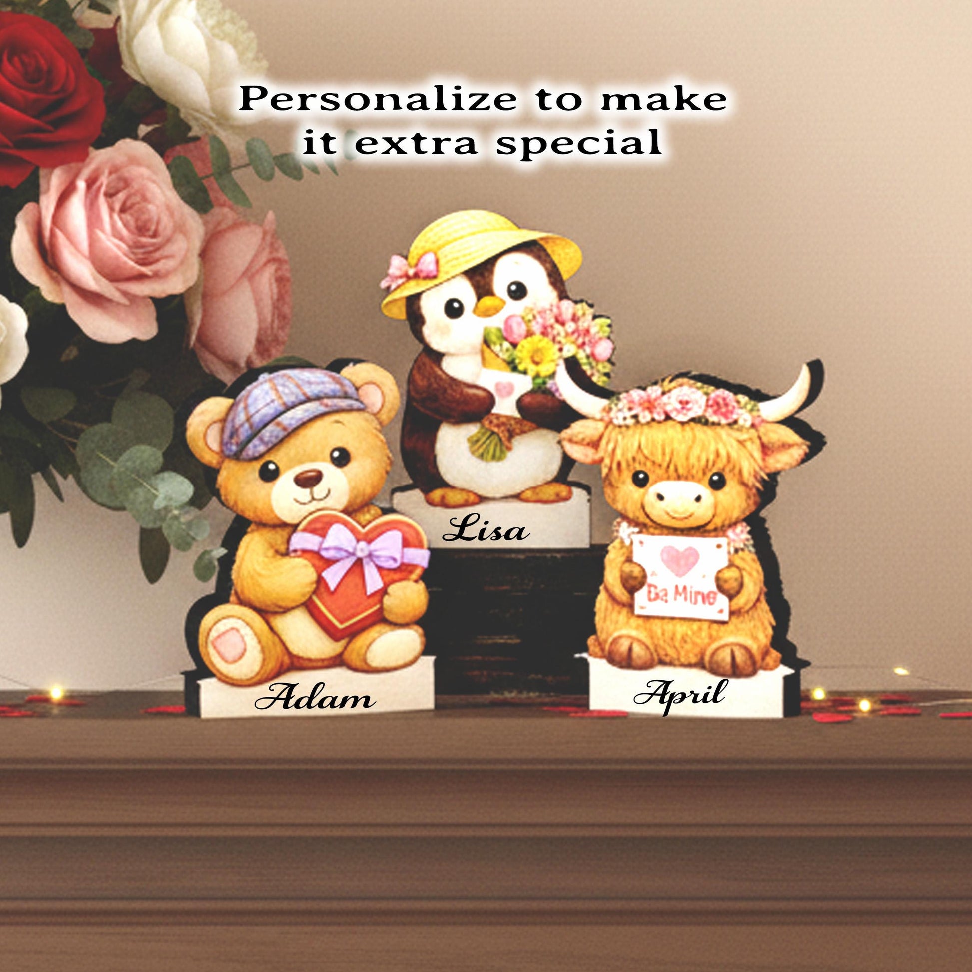 Valentine Teddy Bear, Penguin and Hyland Cow Shelf Sitters Set of 3 – Personalized Heart, Wooden Mantel & Tiered Tray Decor