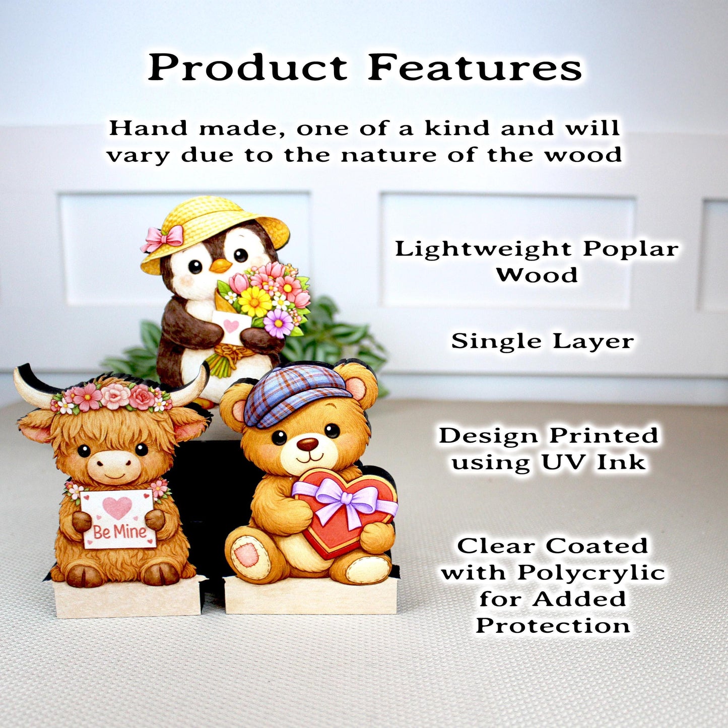 Valentine Teddy Bear, Penguin and Hyland Cow Shelf Sitters Set of 3 – Personalized Heart, Wooden Mantel & Tiered Tray Decor