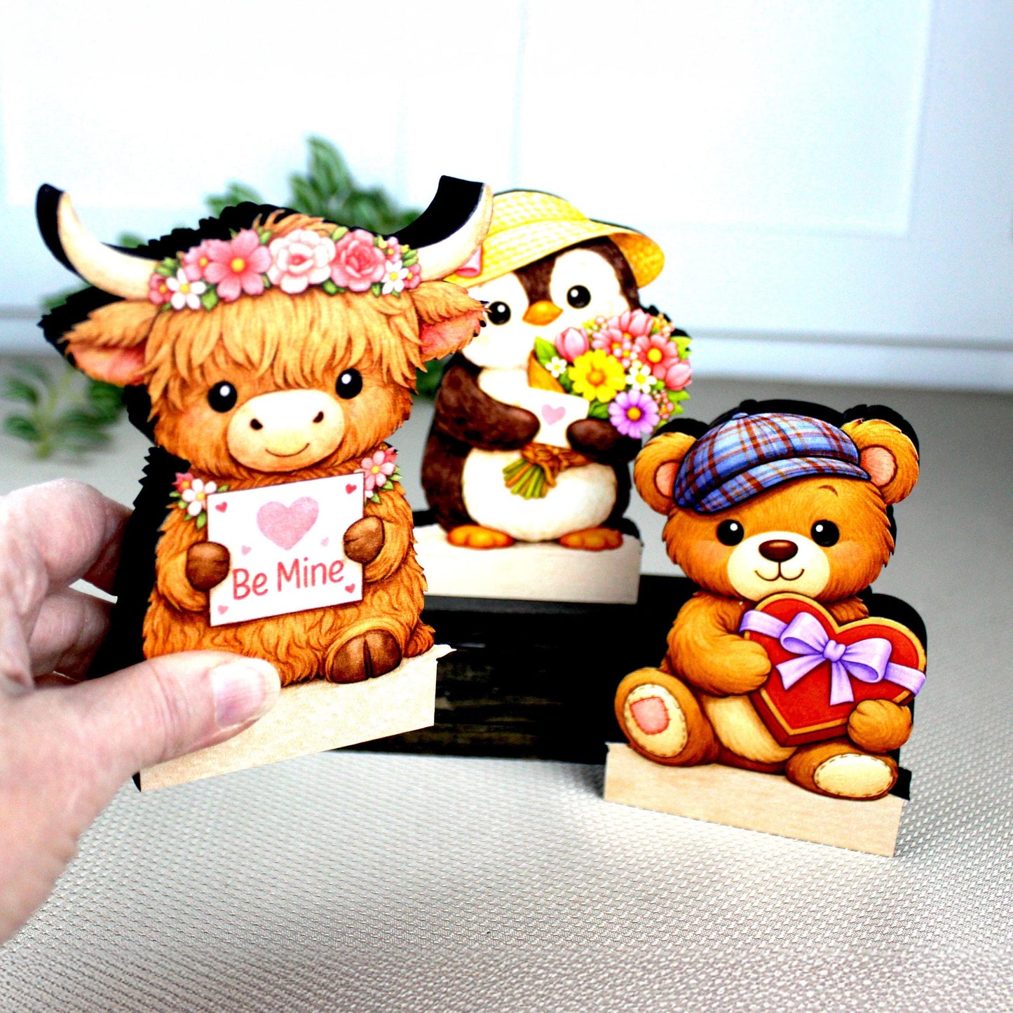 Valentine Teddy Bear, Penguin and Hyland Cow Shelf Sitters Set of 3 – Personalized Heart, Wooden Mantel & Tiered Tray Decor