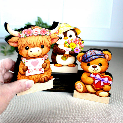 Valentine Teddy Bear, Penguin and Hyland Cow Shelf Sitters Set of 3 – Personalized Heart, Wooden Mantel & Tiered Tray Decor