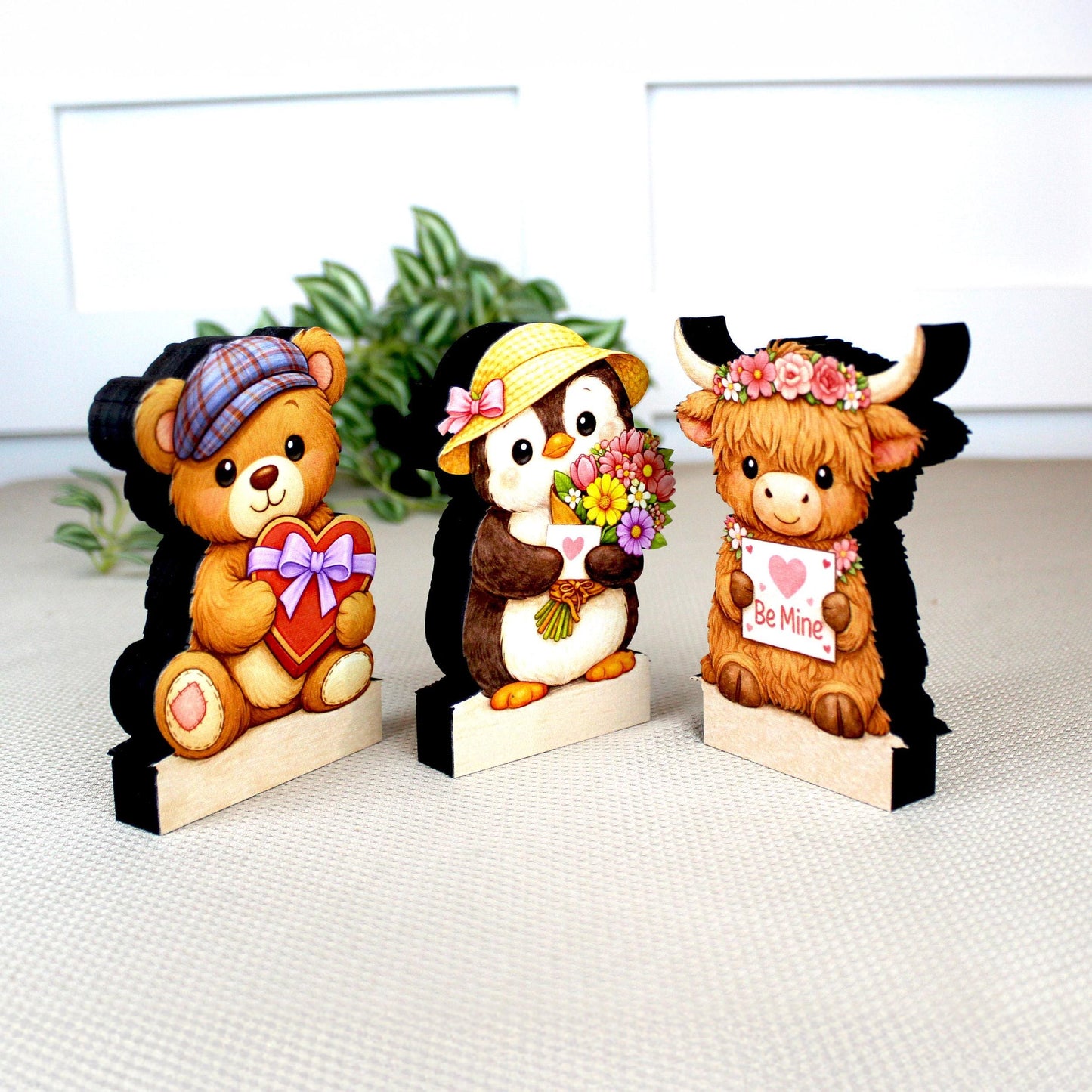 Valentine Teddy Bear, Penguin and Hyland Cow Shelf Sitters Set of 3 – Personalized Heart, Wooden Mantel & Tiered Tray Decor