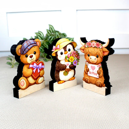 Valentine Teddy Bear, Penguin and Hyland Cow Shelf Sitters Set of 3 – Personalized Heart, Wooden Mantel & Tiered Tray Decor