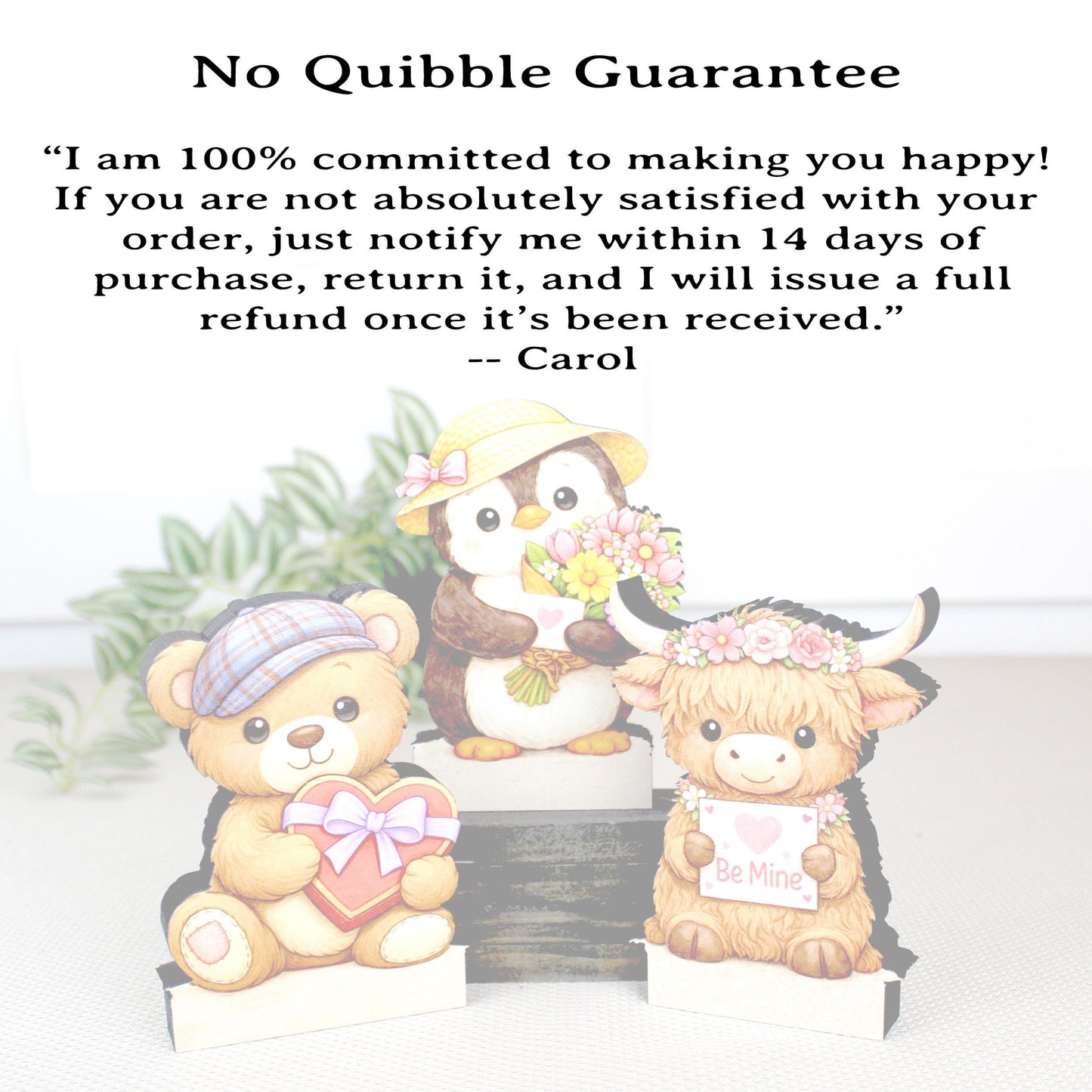 Valentine Teddy Bear, Penguin and Hyland Cow Shelf Sitters Set of 3 – Personalized Heart, Wooden Mantel & Tiered Tray Decor