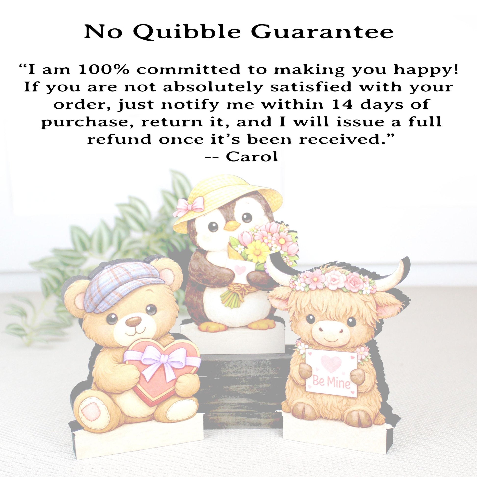 Valentine Teddy Bear, Penguin and Hyland Cow Shelf Sitters Set of 3 – Personalized Heart, Wooden Mantel & Tiered Tray Decor