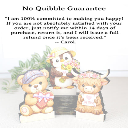 Valentine Teddy Bear, Penguin and Hyland Cow Shelf Sitters Set of 3 – Personalized Heart, Wooden Mantel & Tiered Tray Decor