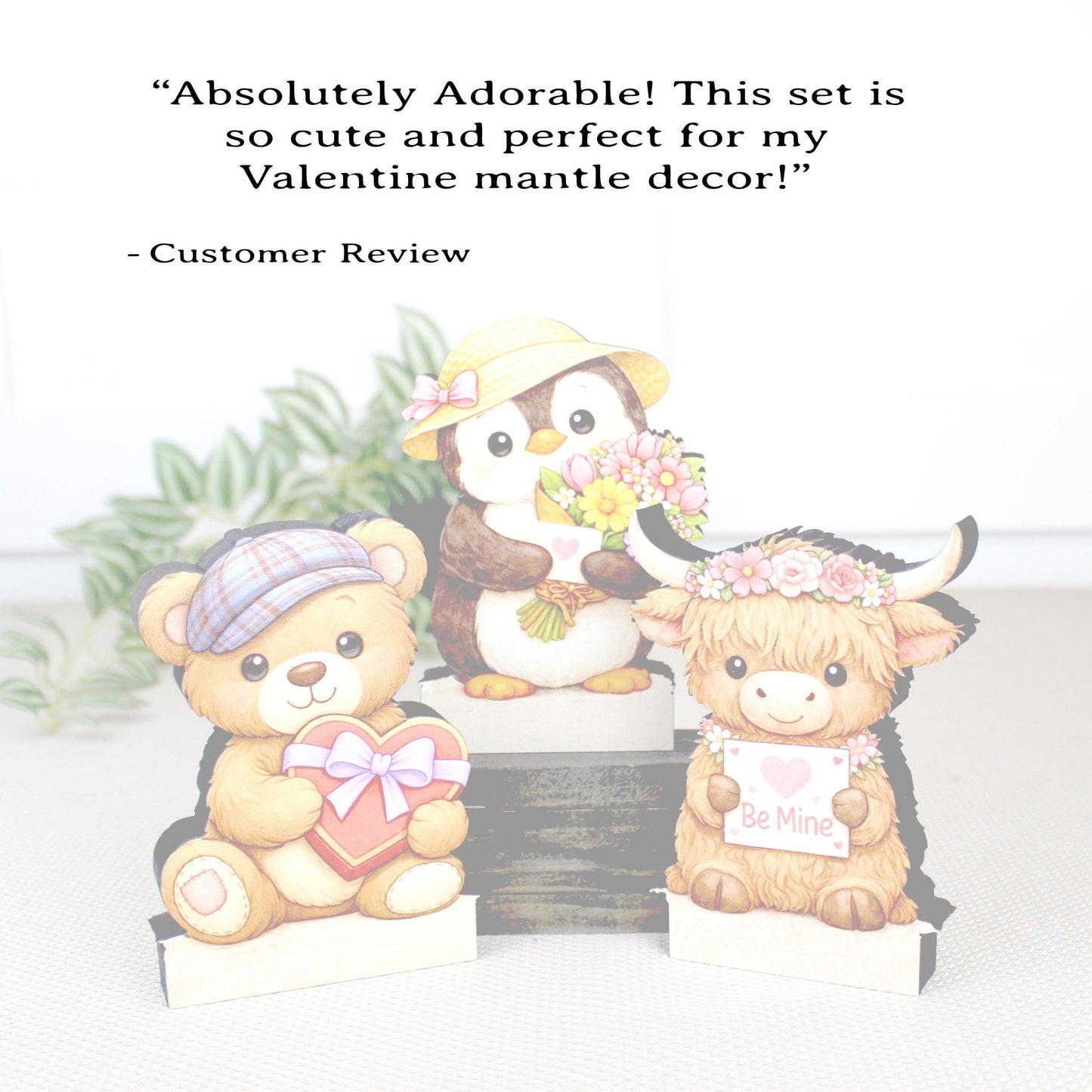 Valentine Teddy Bear, Penguin and Hyland Cow Shelf Sitters Set of 3 – Personalized Heart, Wooden Mantel & Tiered Tray Decor