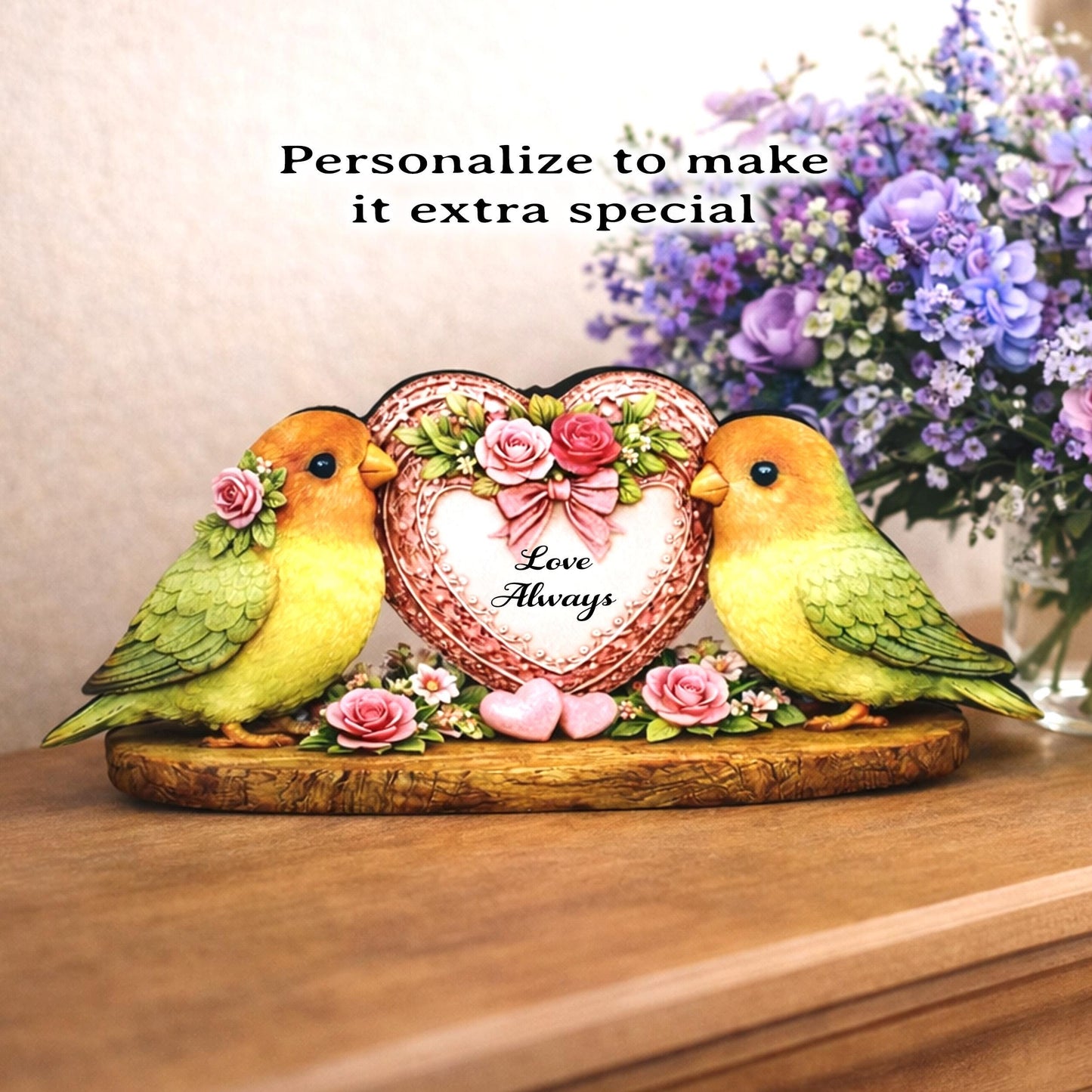 Love Birds Shelf Sitter – Personalized Heart, Wooden Valentine Mantel & Tiered Tray Decor