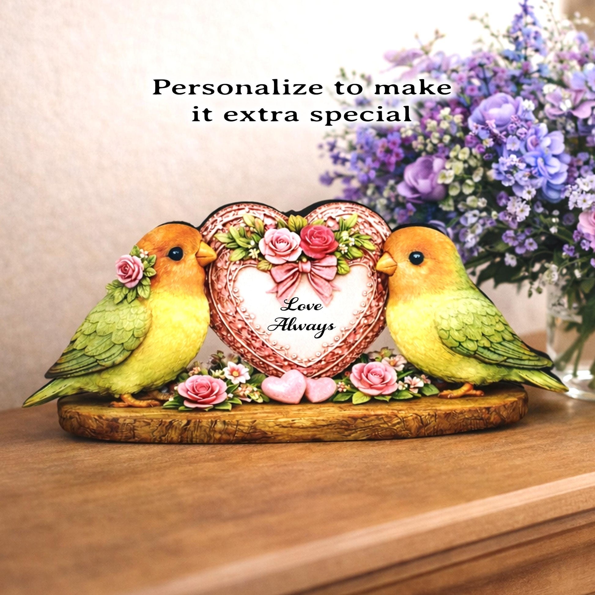 Love Birds Shelf Sitter – Personalized Heart, Wooden Valentine Mantel & Tiered Tray Decor