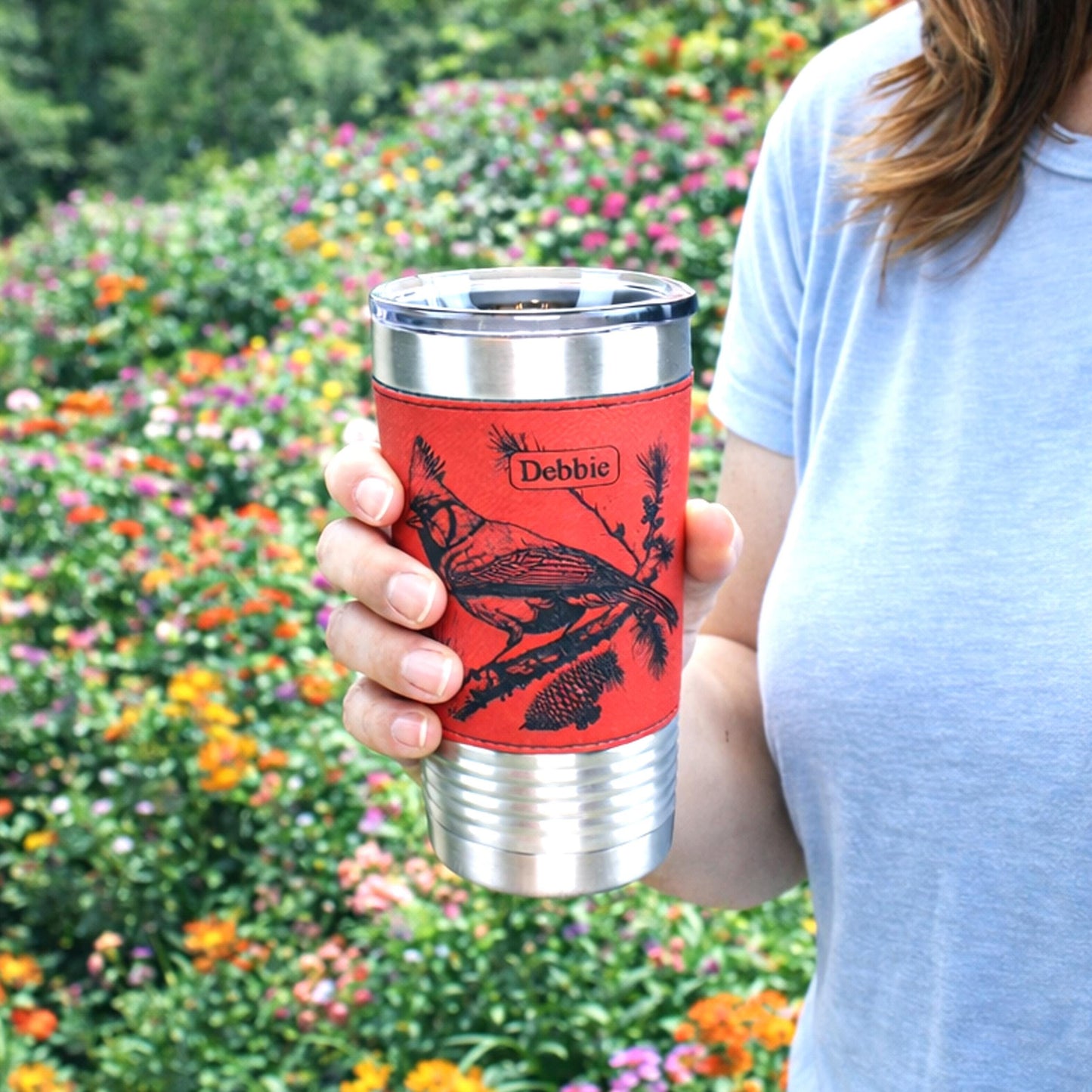 Beautiful Cardinal Engraved 20 oz Stainless Steel Leather Wrapped Travel Mug is the Perfect Insulated Coffee Mug gift for the Cardinal Lover