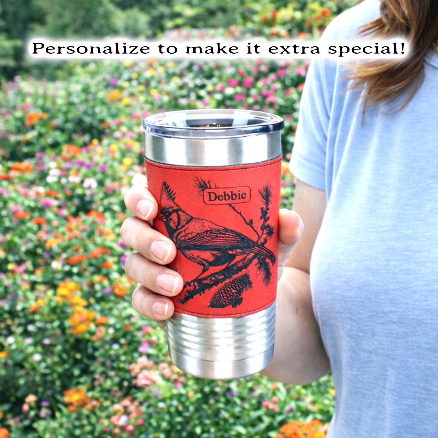 Beautiful Cardinal Engraved 20 oz Stainless Steel Leather Wrapped Travel Mug is the Perfect Insulated Coffee Mug gift for the Cardinal Lover