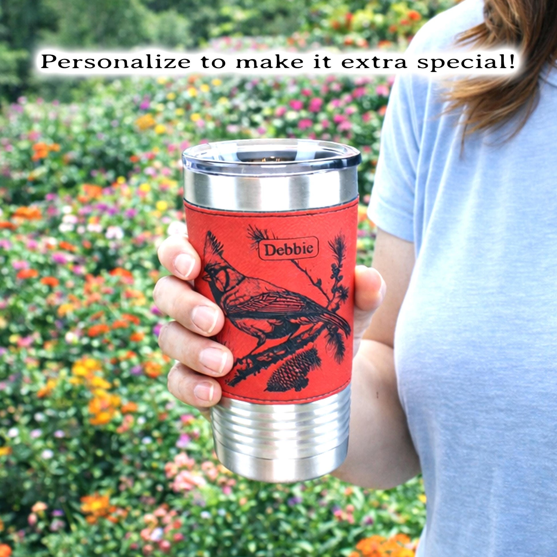 Beautiful Cardinal Engraved 20 oz Stainless Steel Leather Wrapped Travel Mug is the Perfect Insulated Coffee Mug gift for the Cardinal Lover