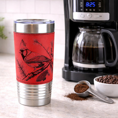 Beautiful Cardinal Engraved 20 oz Stainless Steel Leather Wrapped Travel Mug is the Perfect Insulated Coffee Mug gift for the Cardinal Lover