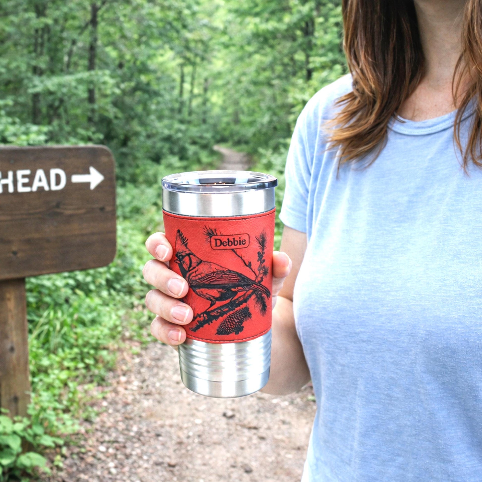Beautiful Cardinal Engraved 20 oz Stainless Steel Leather Wrapped Travel Mug is the Perfect Insulated Coffee Mug gift for the Cardinal Lover