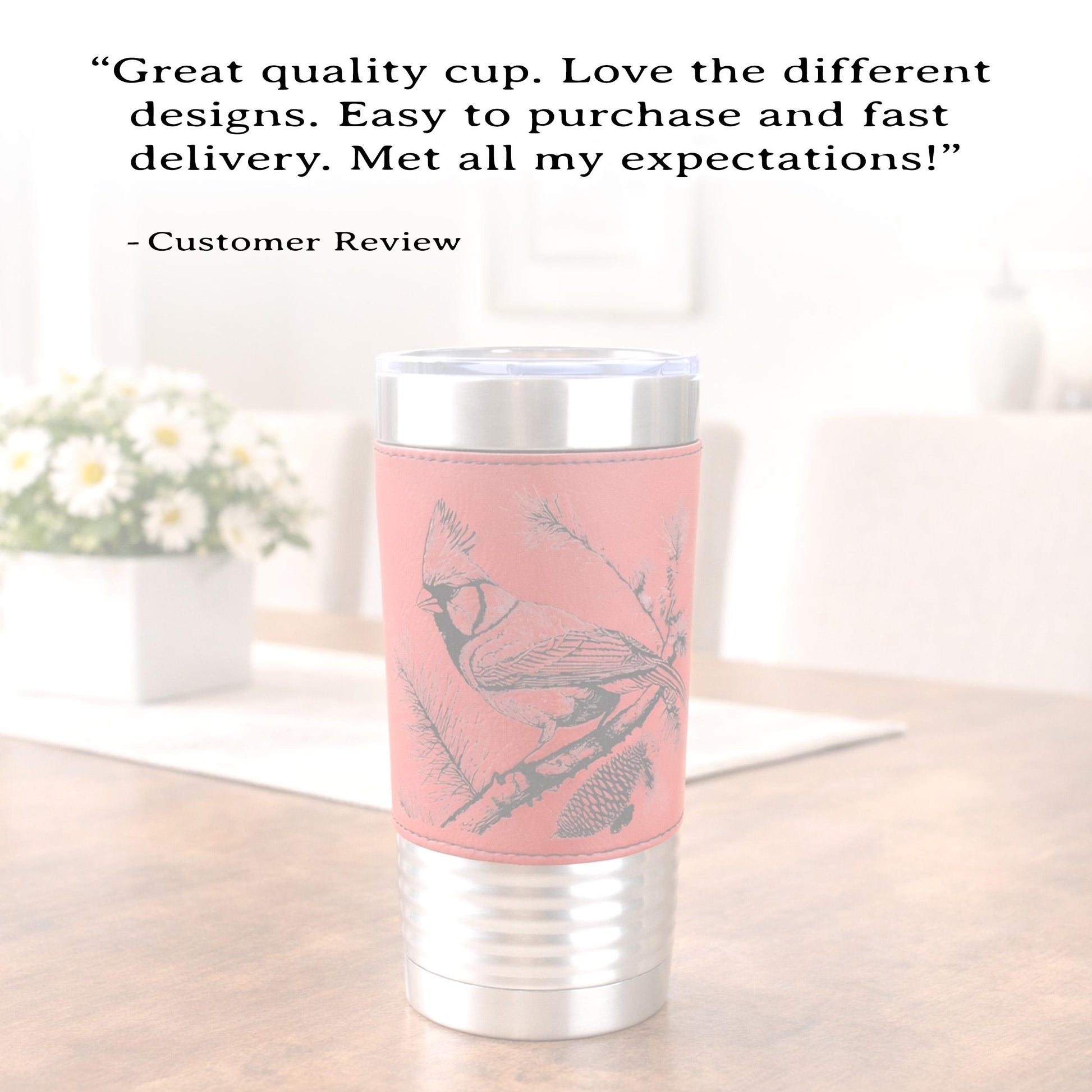 Beautiful Cardinal Engraved 20 oz Stainless Steel Leather Wrapped Travel Mug is the Perfect Insulated Coffee Mug gift for the Cardinal Lover