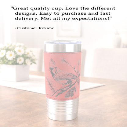 Beautiful Cardinal Engraved 20 oz Stainless Steel Leather Wrapped Travel Mug is the Perfect Insulated Coffee Mug gift for the Cardinal Lover
