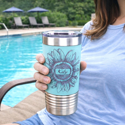 Sunflower Coffee Travel Mug, Personalized Travel Mug, Stainless Steel Travel Mug, Custom travel Mug, Leatherette Travel Tumbler