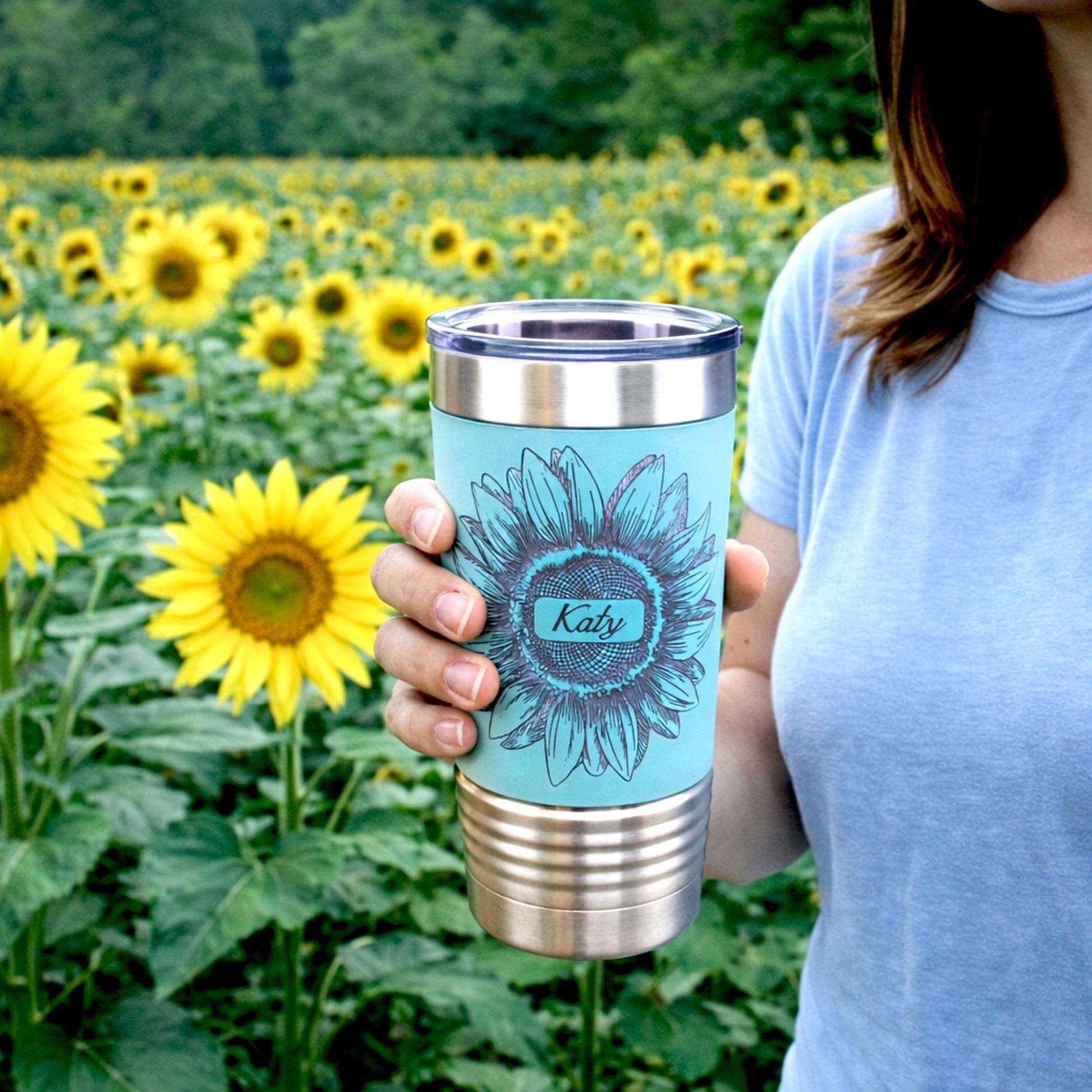Sunflower Coffee Travel Mug, Personalized Travel Mug, Stainless Steel Travel Mug, Custom travel Mug, Leatherette Travel Tumbler