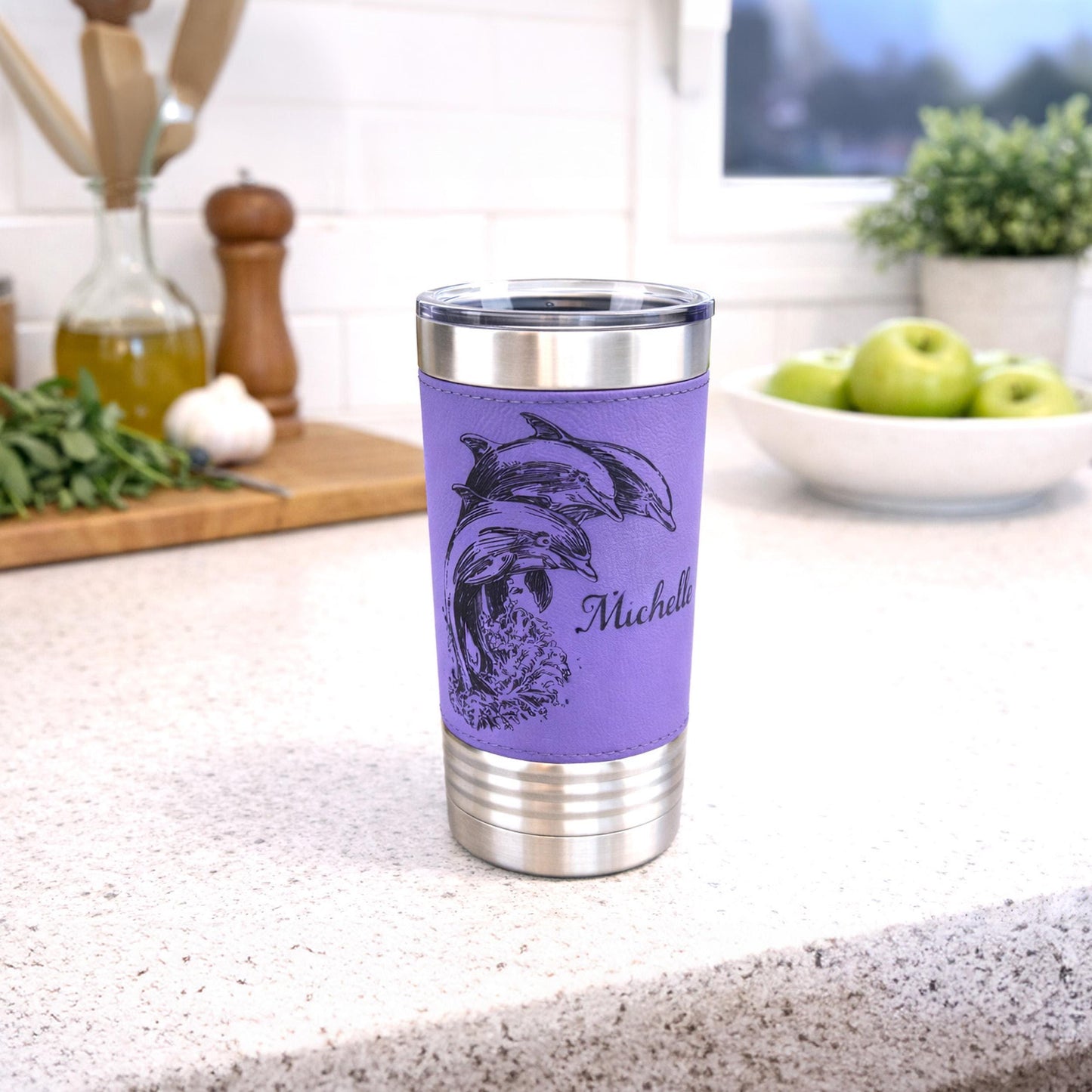 Great Dolphin design Engraved on Leather Wrapped Stainless Steel Insulated Travel Mug is an Awesome Gift for your Dolphin Lover
