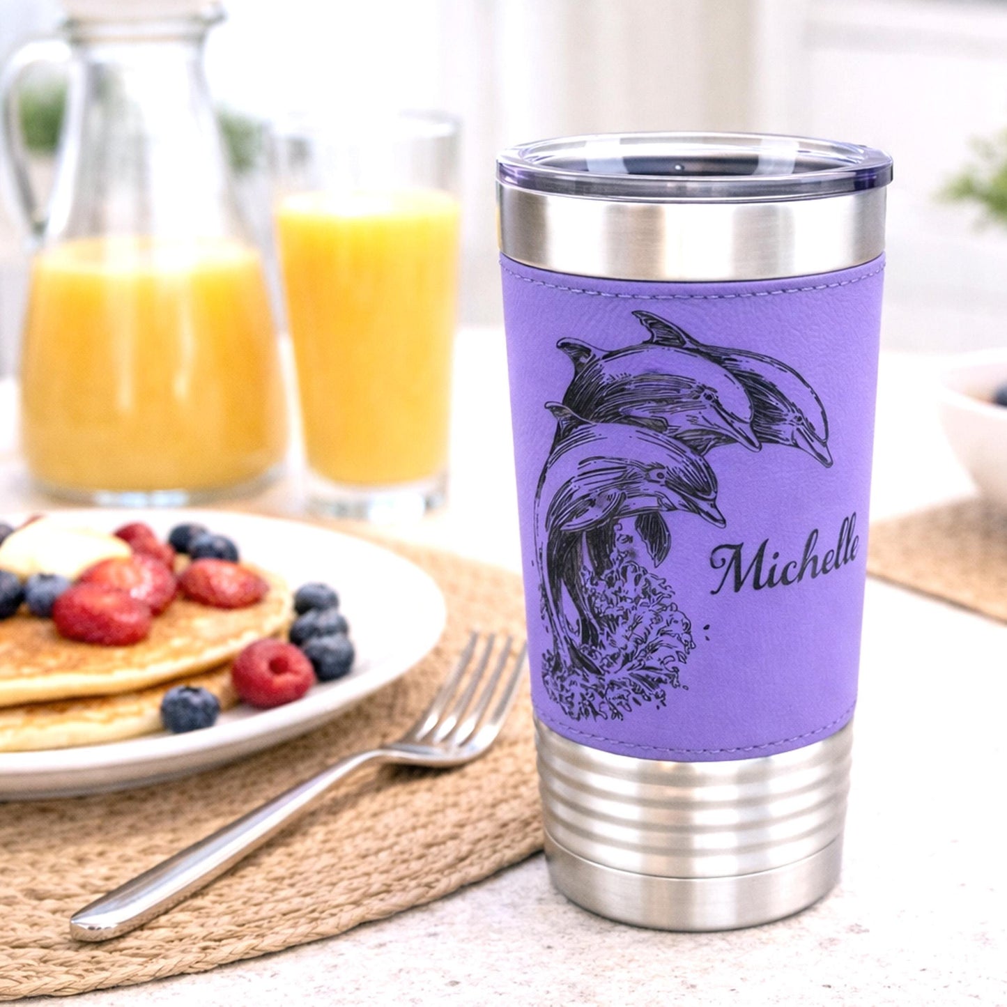 Great Dolphin design Engraved on Leather Wrapped Stainless Steel Insulated Travel Mug is an Awesome Gift for your Dolphin Lover