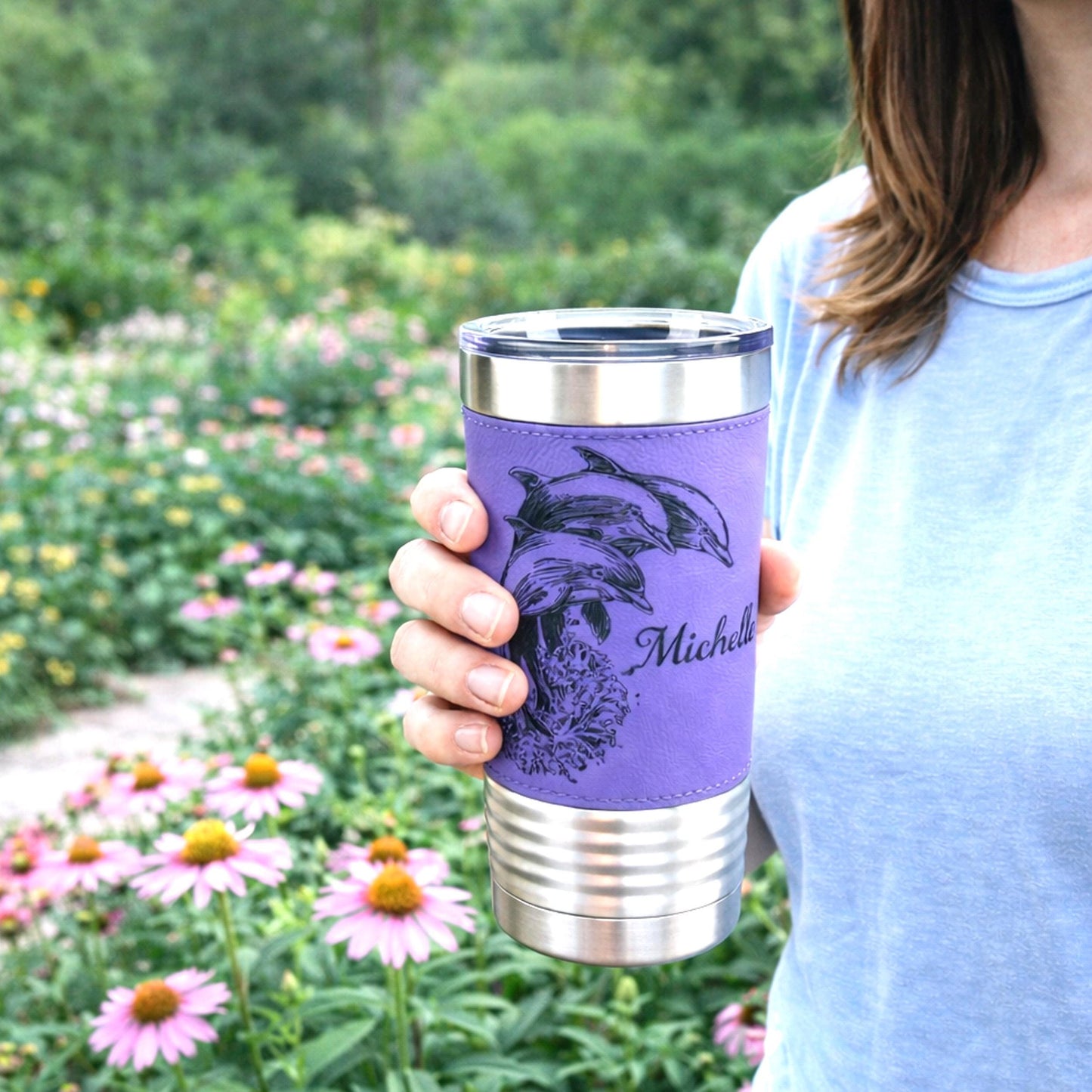 Great Dolphin design Engraved on Leather Wrapped Stainless Steel Insulated Travel Mug is an Awesome Gift for your Dolphin Lover