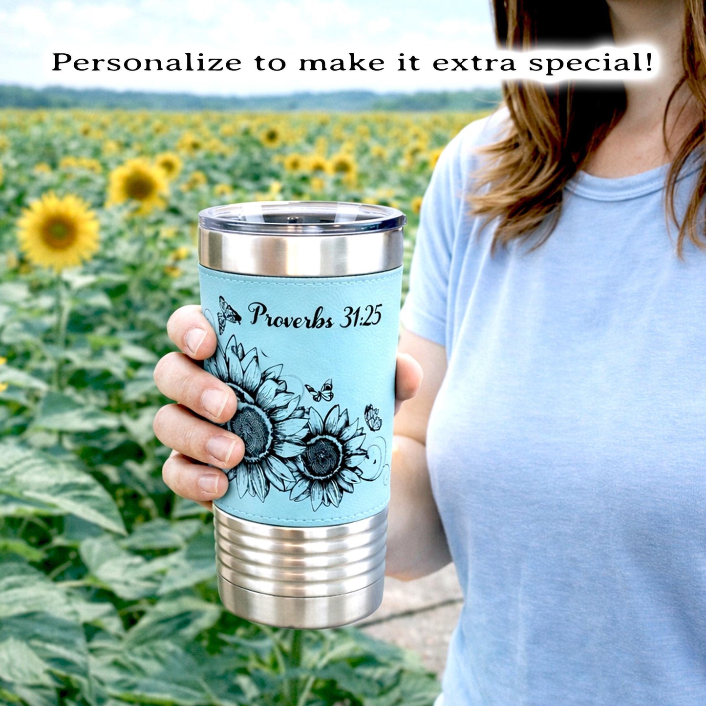 Sunflower & Butterflies Coffee Travel Mug, Personalized Travel Mug, Stainless Steel Travel Mug, Custom travel Mug, Leatherette Travel Tumblr