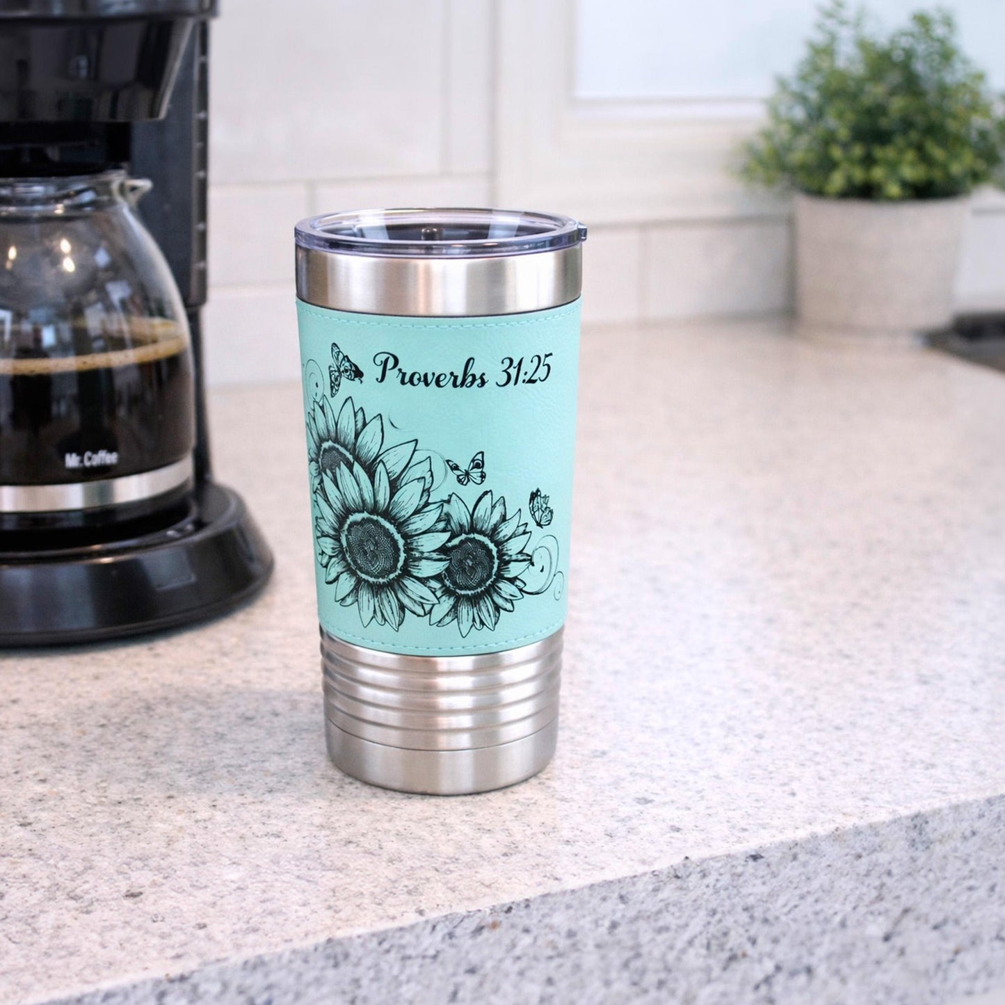 Sunflower & Butterflies Coffee Travel Mug, Personalized Travel Mug, Stainless Steel Travel Mug, Custom travel Mug, Leatherette Travel Tumblr