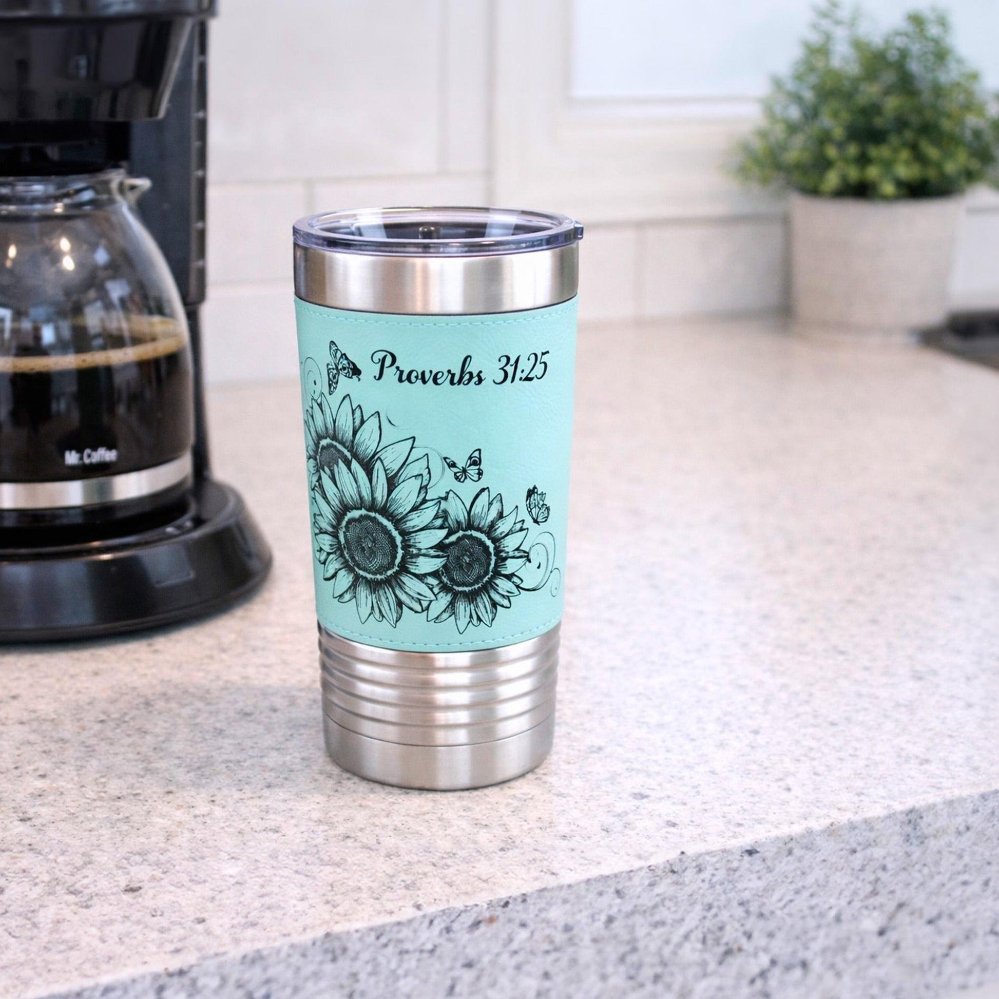 Sunflower & Butterflies Coffee Travel Mug, Personalized Travel Mug, Stainless Steel Travel Mug, Custom travel Mug, Leatherette Travel Tumblr