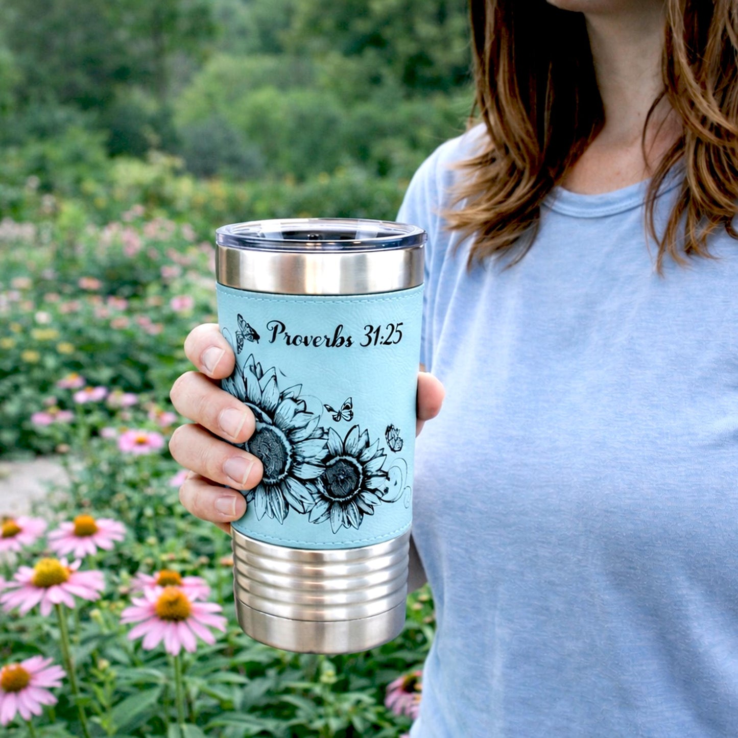 Sunflower & Butterflies Coffee Travel Mug, Personalized Travel Mug, Stainless Steel Travel Mug, Custom travel Mug, Leatherette Travel Tumblr