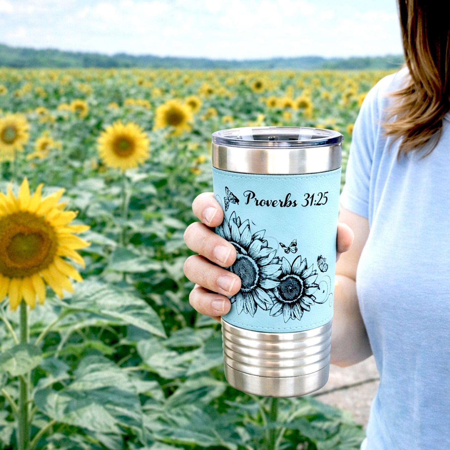 Sunflower & Butterflies Coffee Travel Mug, Personalized Travel Mug, Stainless Steel Travel Mug, Custom travel Mug, Leatherette Travel Tumblr