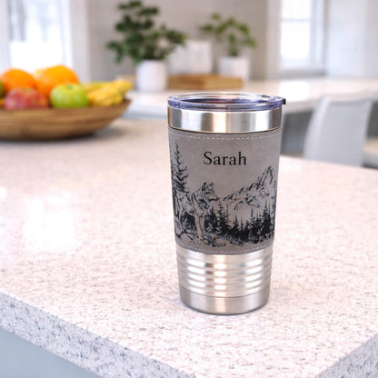 Laser Engraved Wolf Lovers Gift, Mountain and Woodlands Wolf, Faux Leather 20 oz Travel Mug, Insulated Tumbler, Free Snap Lid included