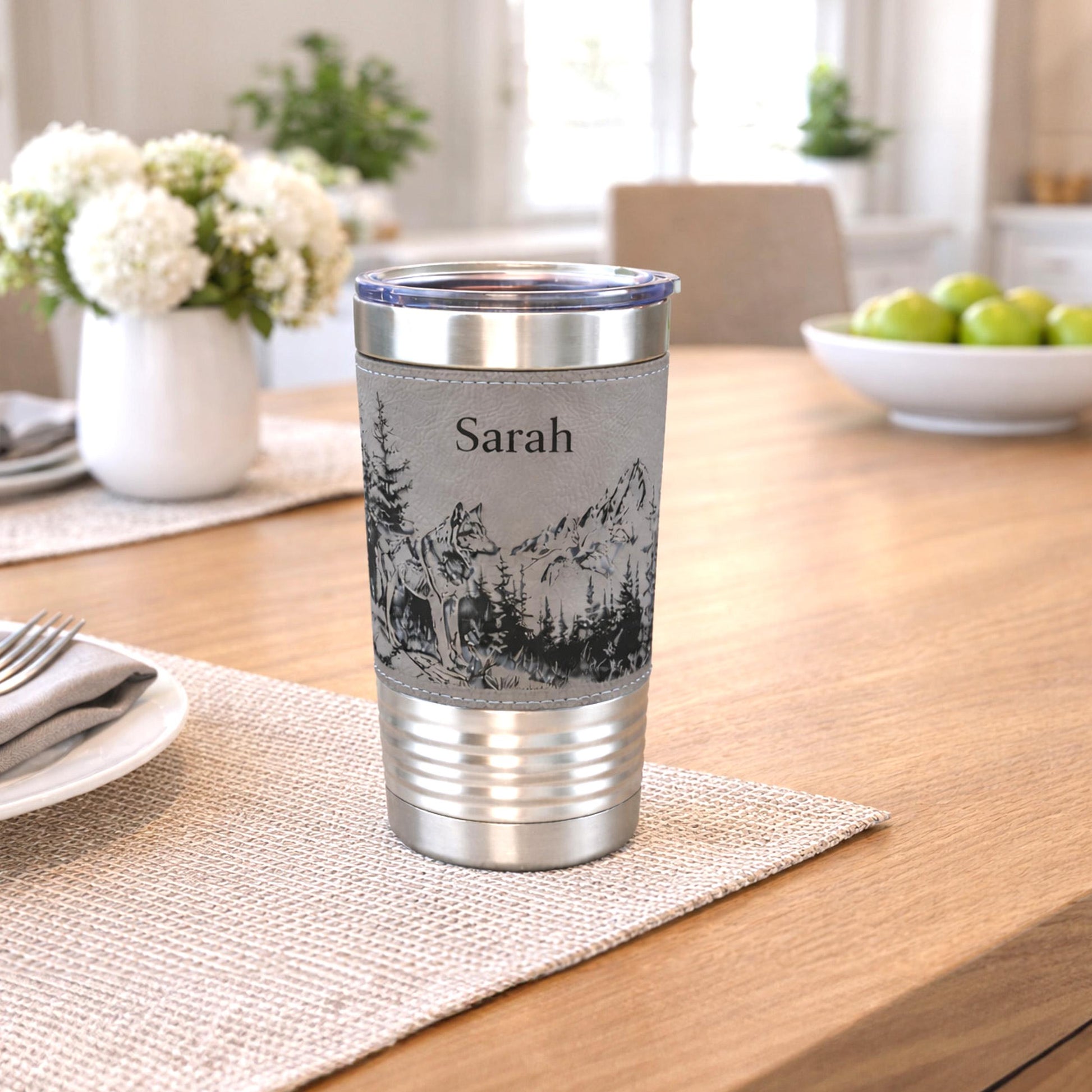 Laser Engraved Wolf Lovers Gift, Mountain and Woodlands Wolf, Faux Leather 20 oz Travel Mug, Insulated Tumbler, Free Snap Lid included