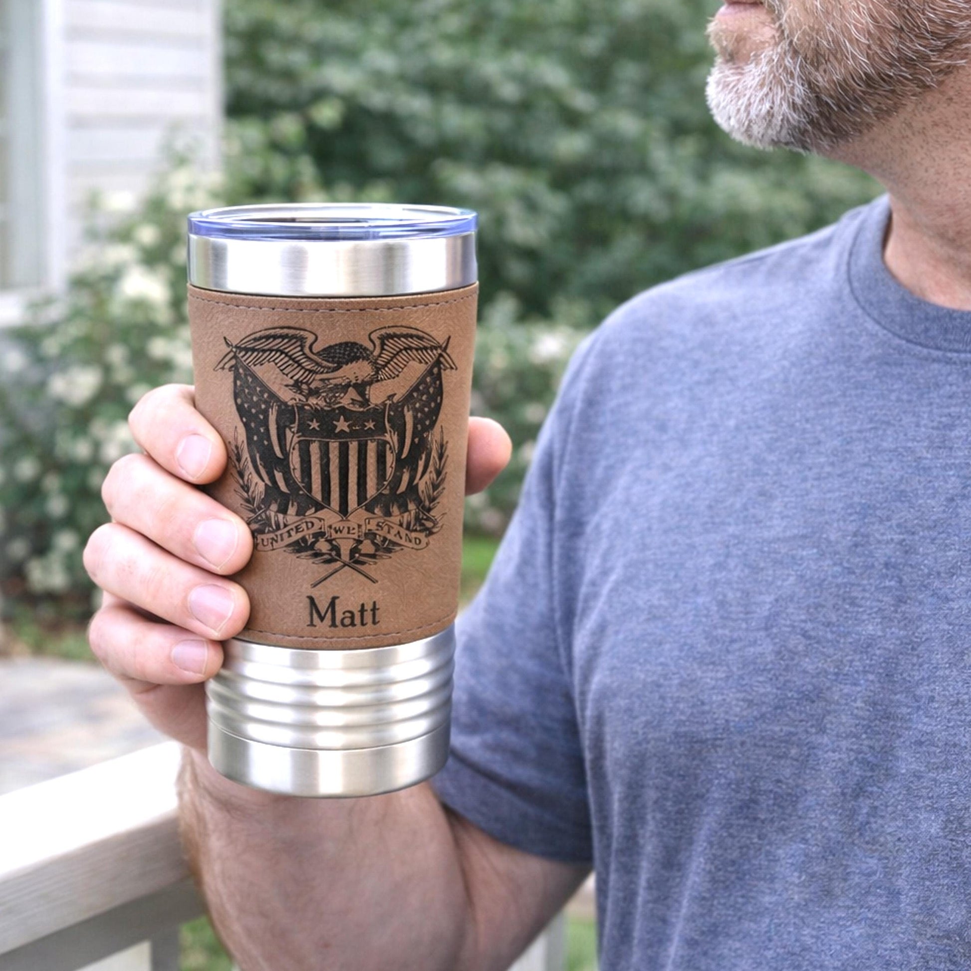 American Flag Tumbler. Patriotic Tumbler. American Flag Mug with Eagle. Leather wrapped tumbler, Engraved Tumbler
