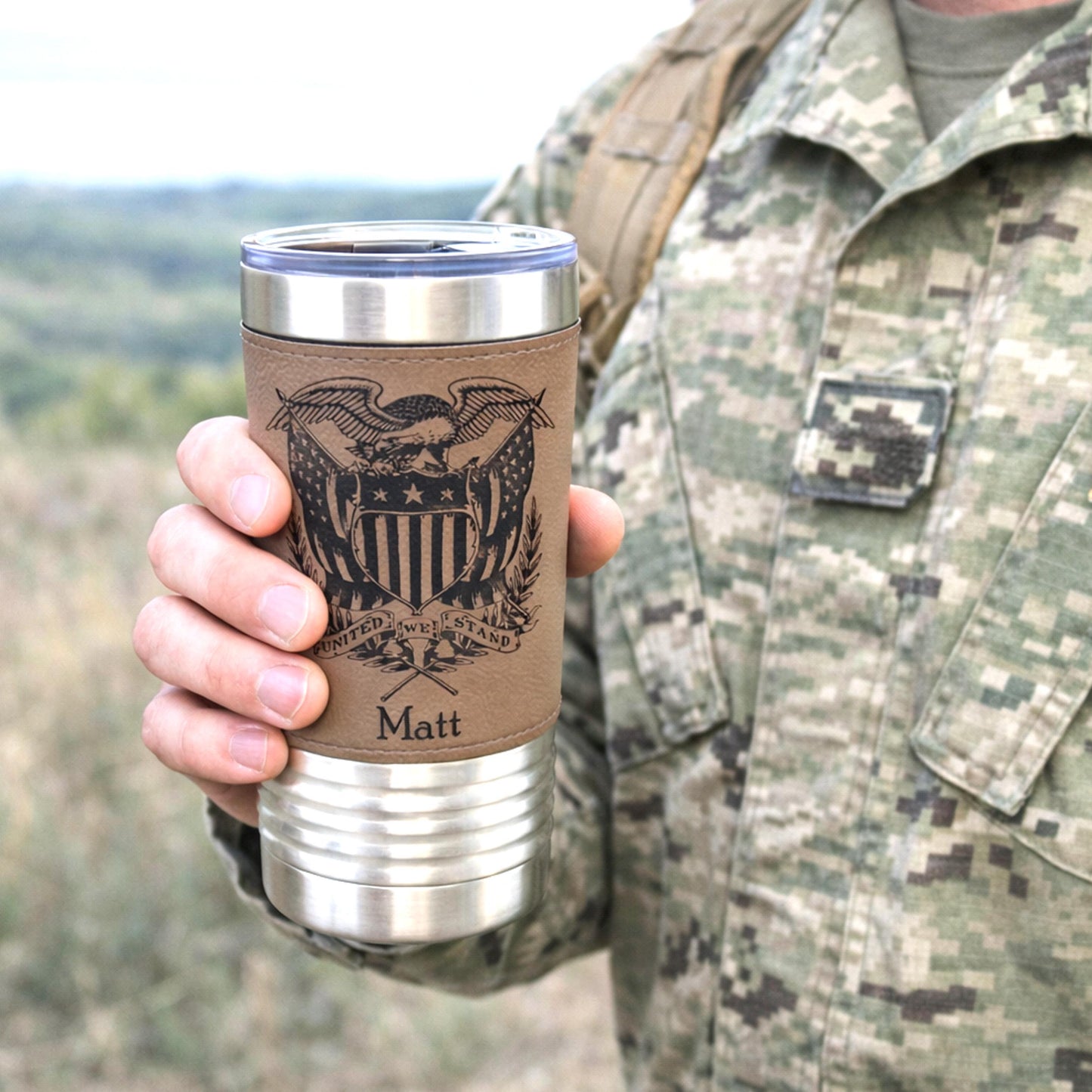 American Flag Tumbler. Patriotic Tumbler. American Flag Mug with Eagle. Leather wrapped tumbler, Engraved Tumbler