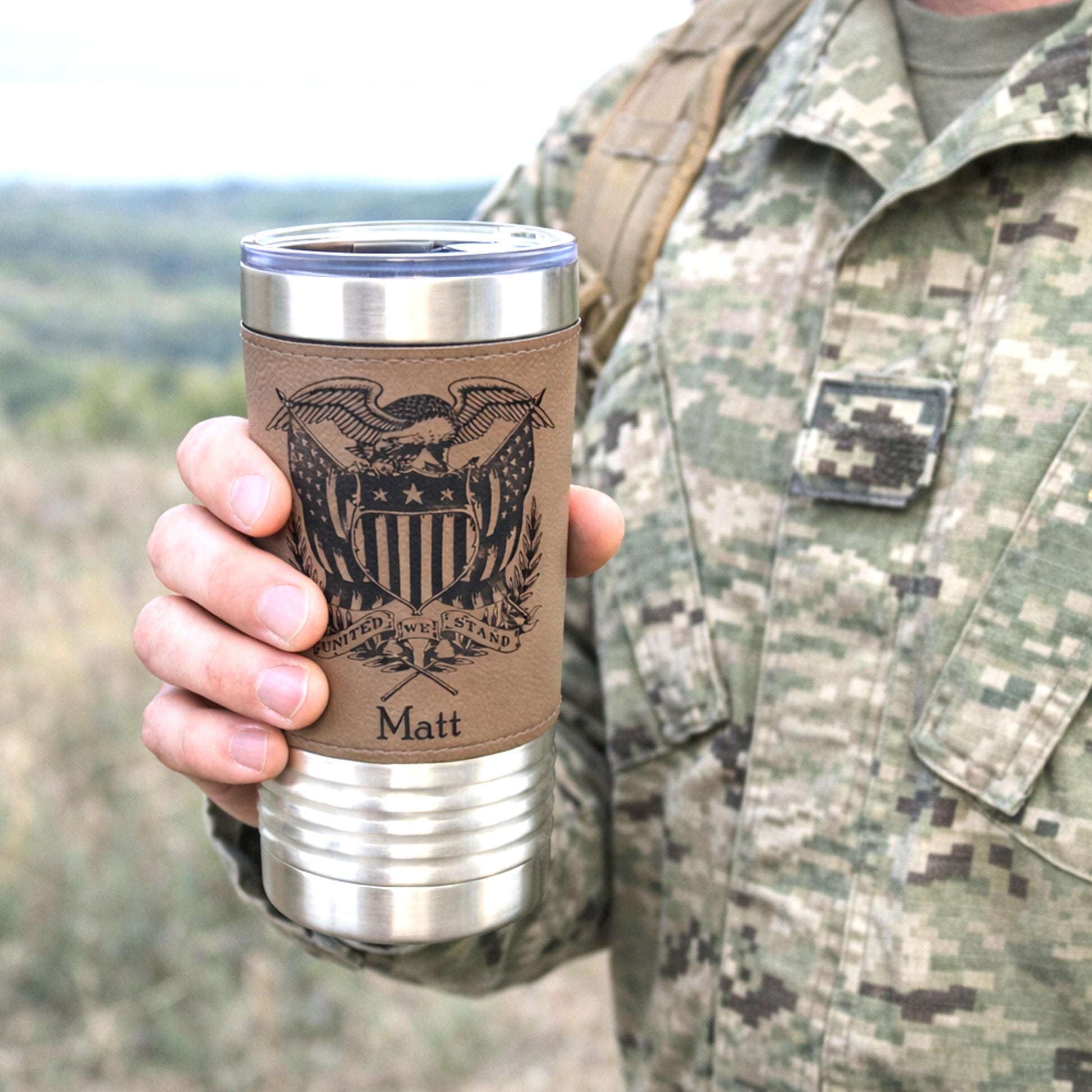 American Flag Tumbler. Patriotic Tumbler. American Flag Mug with Eagle. Leather wrapped tumbler, Engraved Tumbler