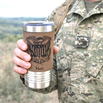 American Flag Tumbler. Patriotic Tumbler. American Flag Mug with Eagle. Leather wrapped tumbler, Engraved Tumbler