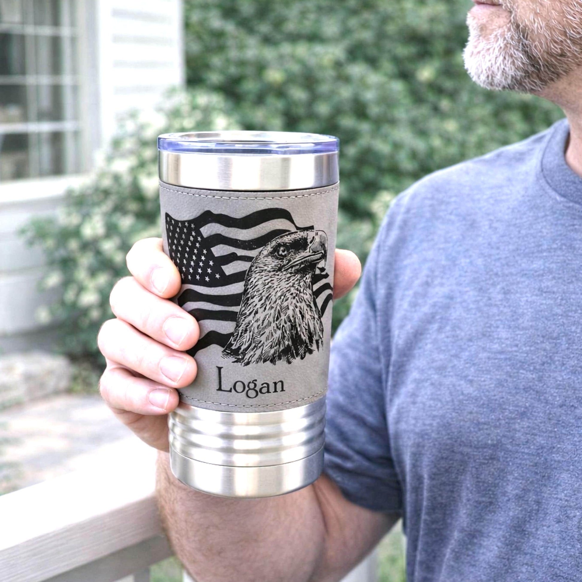 Engraved Flag & Eagle, Leather wrapped travel mug, Insulated Coffee Mug, Perfect Father's Day Gift, Great Gifts for the Patriotic