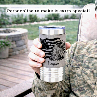 Engraved Flag & Eagle, Leather wrapped travel mug, Insulated Coffee Mug, Perfect Father's Day Gift, Great Gifts for the Patriotic