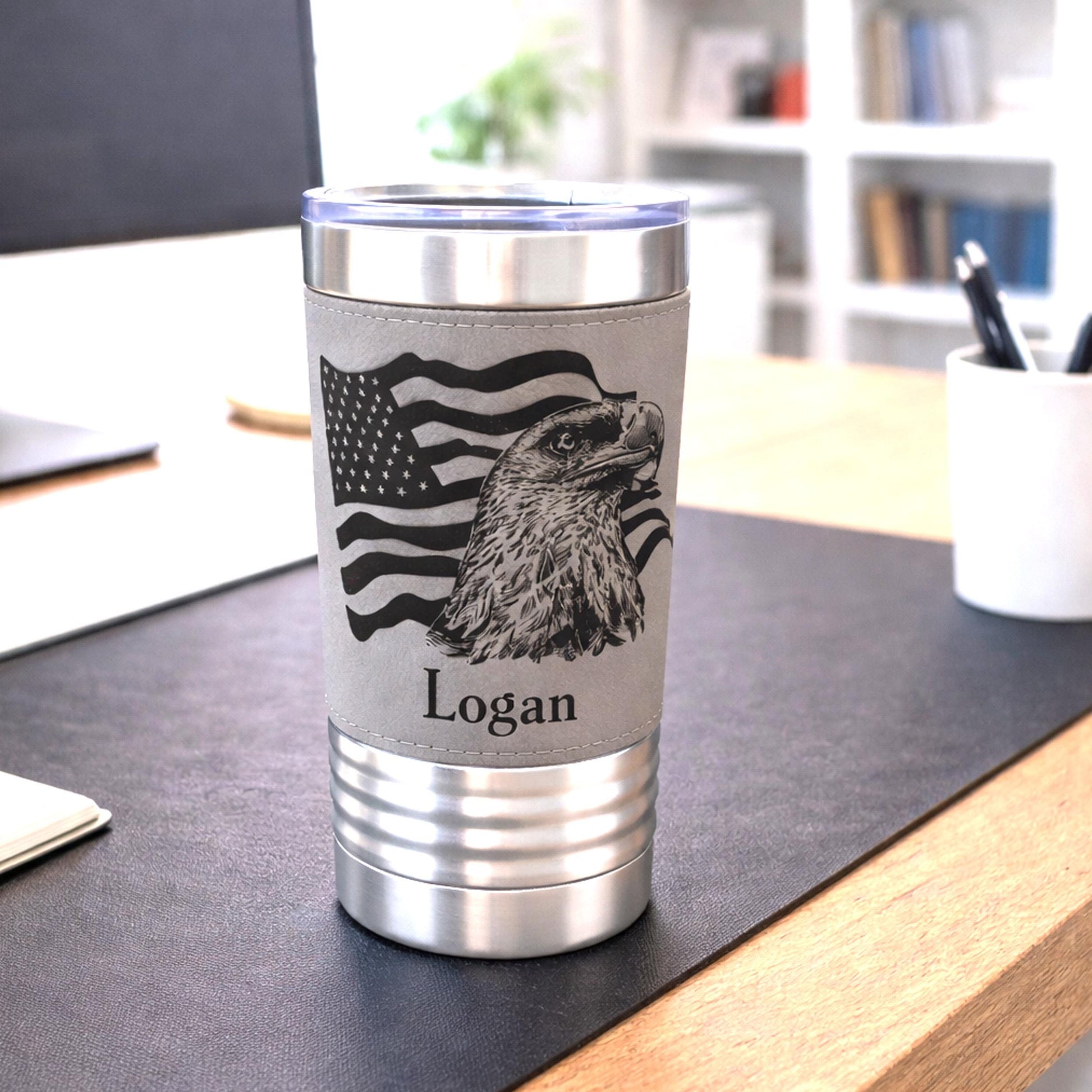 Engraved Flag & Eagle, Leather wrapped travel mug, Insulated Coffee Mug, Perfect Father's Day Gift, Great Gifts for the Patriotic