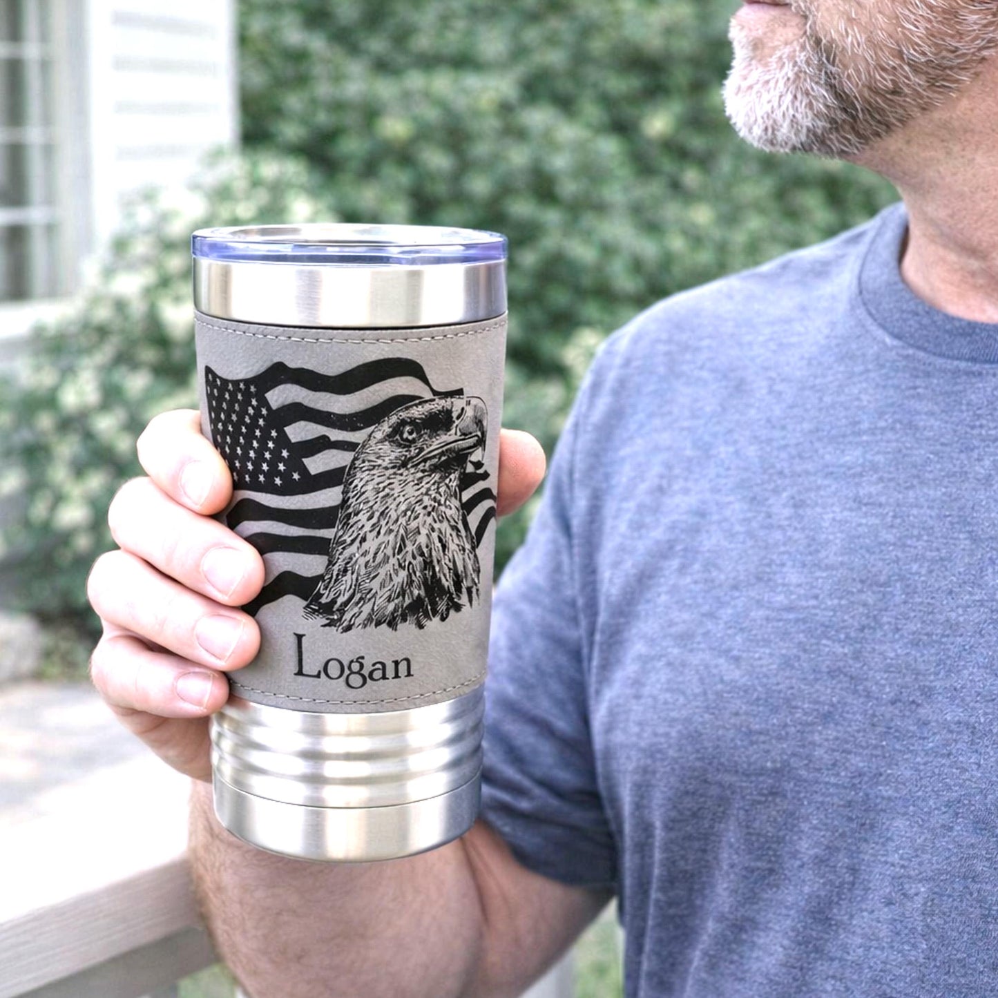 Engraved Flag & Eagle, Leather wrapped travel mug, Insulated Coffee Mug, Perfect Father's Day Gift, Great Gifts for the Patriotic
