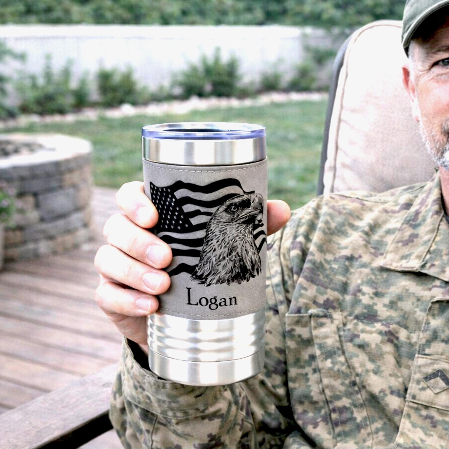 Engraved Flag & Eagle, Leather wrapped travel mug, Insulated Coffee Mug, Perfect Father's Day Gift, Great Gifts for the Patriotic