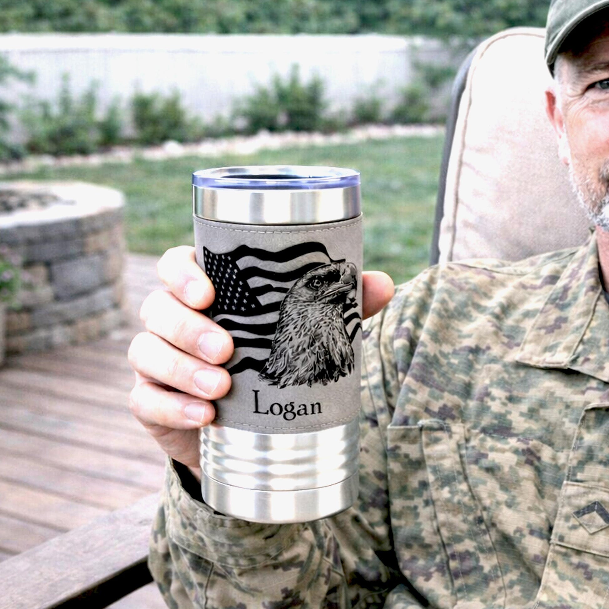 Engraved Flag & Eagle, Leather wrapped travel mug, Insulated Coffee Mug, Perfect Father's Day Gift, Great Gifts for the Patriotic