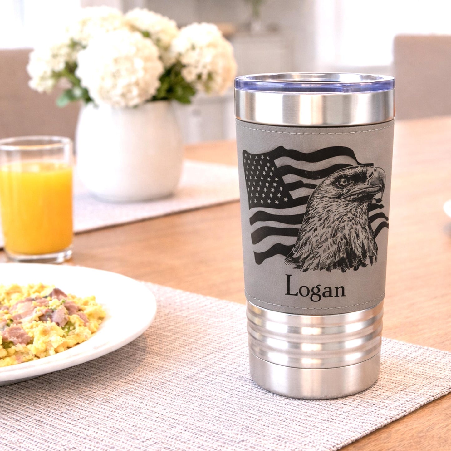 Engraved Flag & Eagle, Leather wrapped travel mug, Insulated Coffee Mug, Perfect Father's Day Gift, Great Gifts for the Patriotic