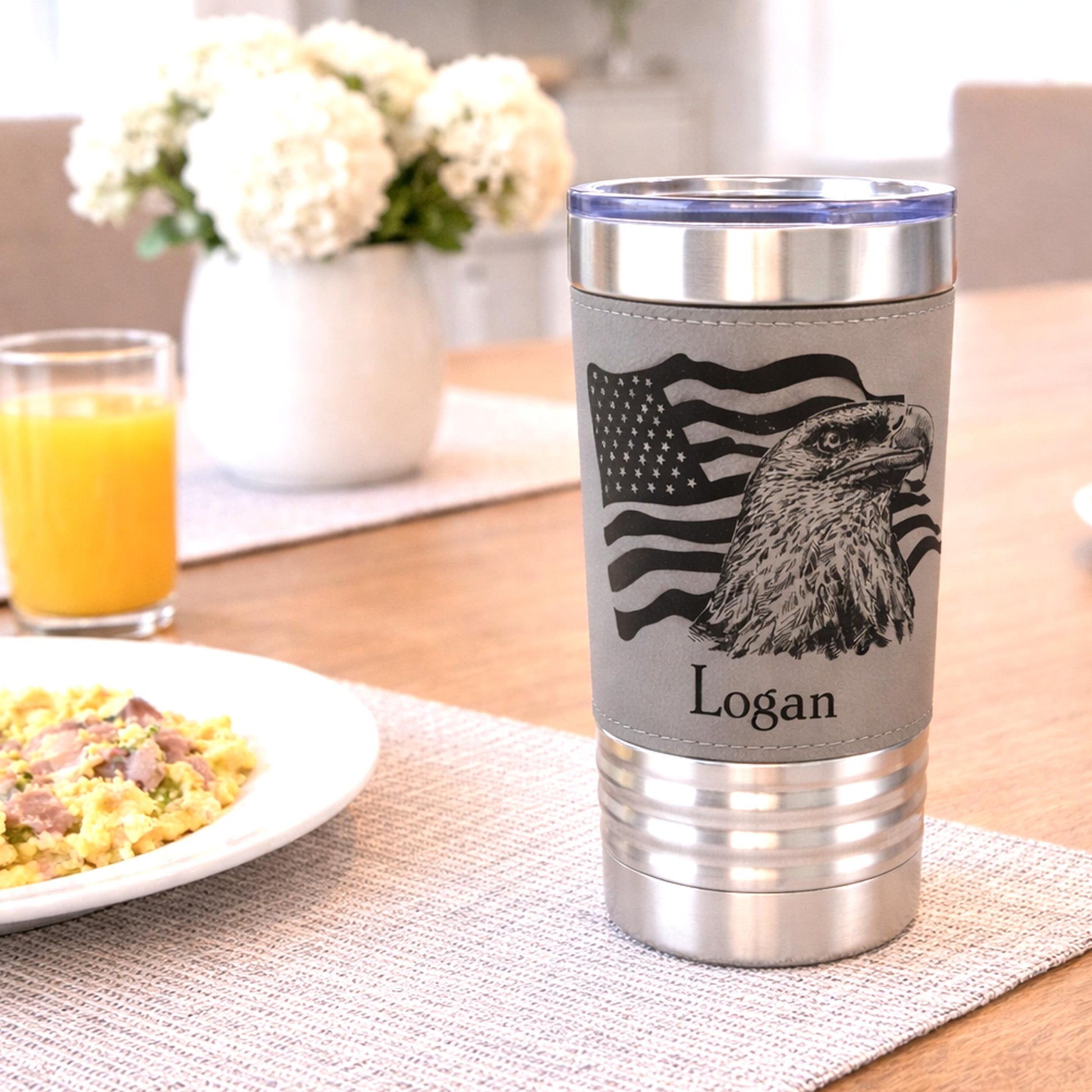 Engraved Flag & Eagle, Leather wrapped travel mug, Insulated Coffee Mug, Perfect Father's Day Gift, Great Gifts for the Patriotic