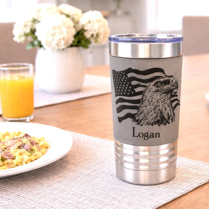 Engraved Flag & Eagle, Leather wrapped travel mug, Insulated Coffee Mug, Perfect Father's Day Gift, Great Gifts for the Patriotic