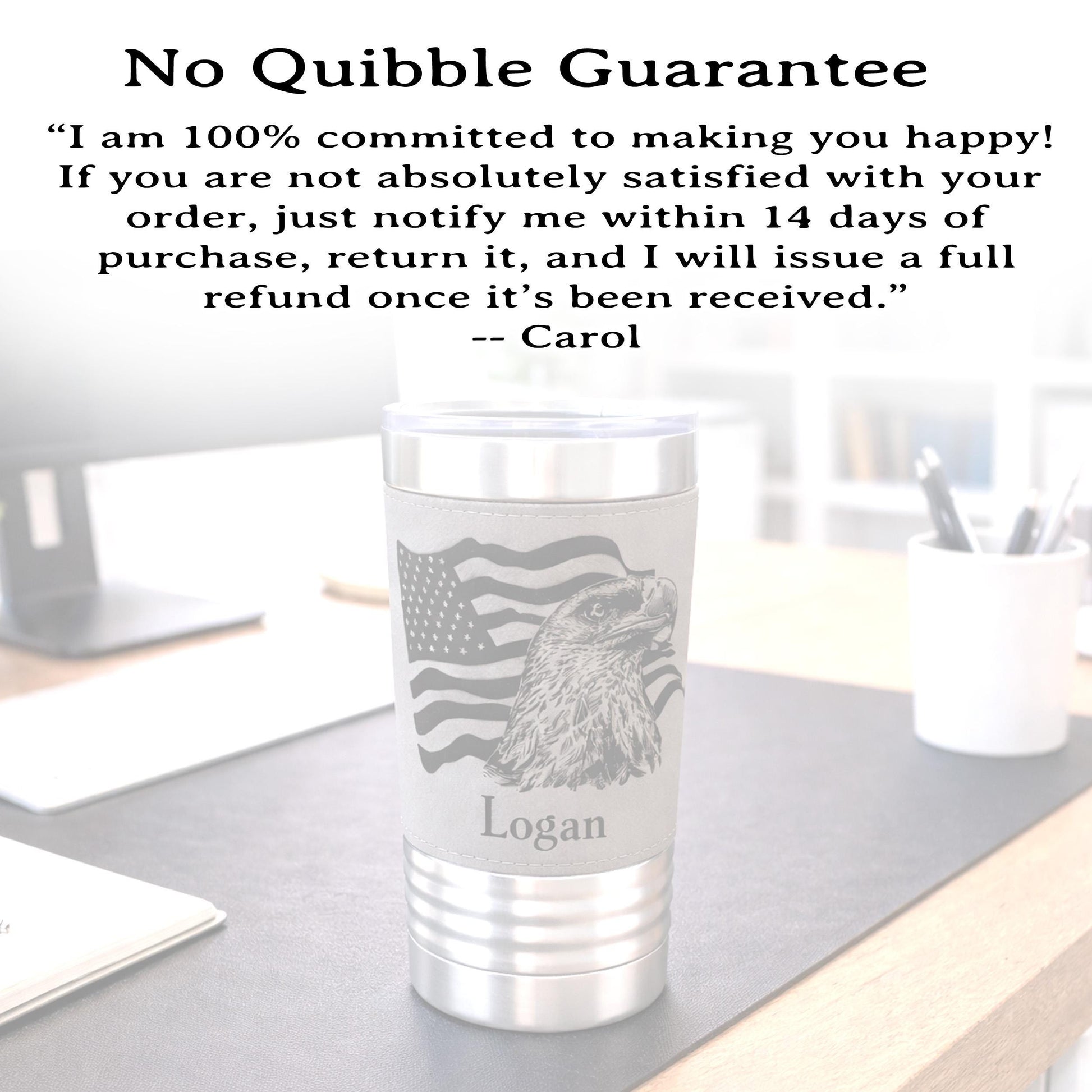 Engraved Flag & Eagle, Leather wrapped travel mug, Insulated Coffee Mug, Perfect Father's Day Gift, Great Gifts for the Patriotic