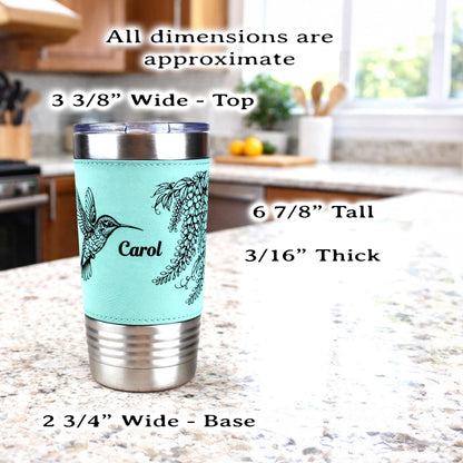 Hummingbird & Wisteria Engraved 20 oz Travel Tumbler – Personalized Leatherette Wrap, Custom NameCoffee Mug, Perfect Hummingbird Lover Gift